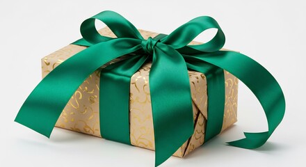 Elegantly wrapped gold gift box boasts a rich emerald ribbon subtly lit for a festive feel.. AI Generated