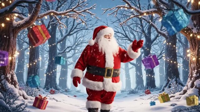 Santa Claus walking through a magical forest with glowing trees and floating gifts, snow particles in the air

