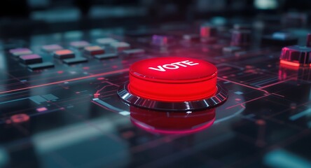 A glowing red vote button on a futuristic control panel, symbolizing electronic voting and digital democracy.