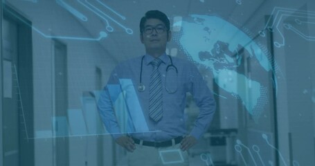 Doctor standing in hospital corridor initiating hologram while analyzing health bar graph trends - Powered by Adobe