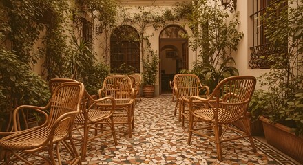 Serene Courtyard Oasis Wicker Chairs and Lush Greenery in a Spanish-Style Patio