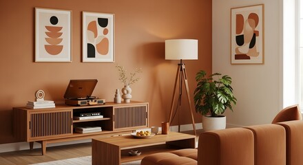 Mid-Century Modern Living Room Interior Design with Warm Earthy Tones