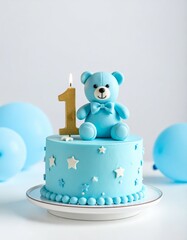 Festive Blue Bear Cake with Number Candle for First Birthday Celebration