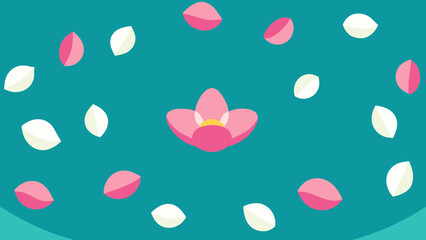 Stylized pink flower with floating petals on a teal background floral design