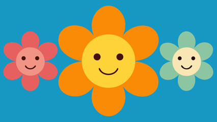 Three smiling cartoon flowers in a cheerful composition on a vibrant blue background