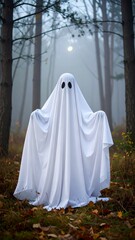 Eerie Atmospheric Ghost Figure in White Sheet Costume in Forest Setting