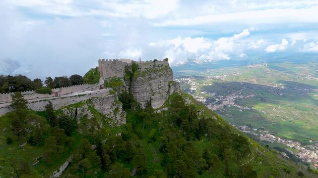 Aerial drone view of Castle of Balio in Erice, Trapani, Island of Sicily, Italy