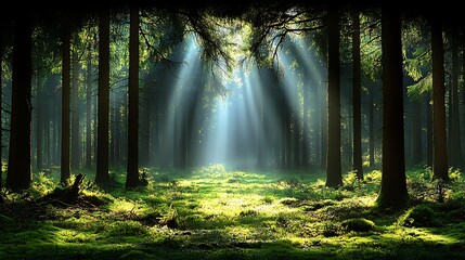 Obraz premium A tranquil spring forest with sunlight streaming through lush green trees, casting golden patterns on the forest floor.