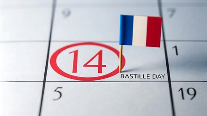 Calendar with french flag and july 14 marked for bastille day celebration
