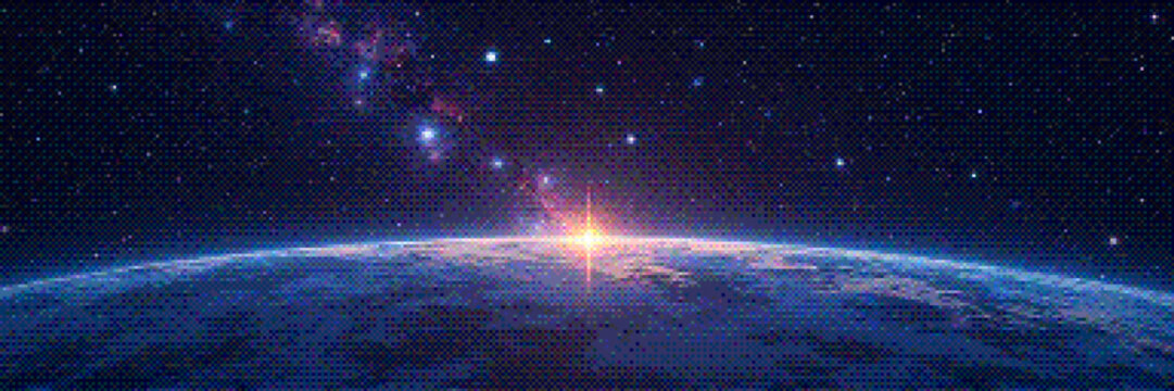 Retro pixel art scene with planetary horizon bathed in sunlight. Panoramic deep space scene background in vintage pixel art style with dithering effect for 8-bit retro videogame. Vector illustration