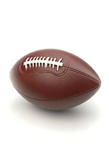 A close-up view of a brown football on a white background, highlighting its texture and stitching