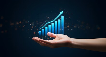 Hand holding a glowing upward arrow, symbolizing growth and success in business and finance. Ideal for corporate, motivational, and analytics themes