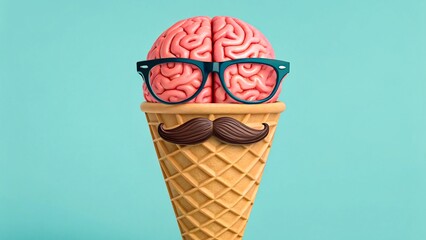 Creative surreal ice cream cone with human brain, glasses and mustache on blue background