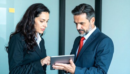 European business man and businesswoman using tablet, teamwork consult project in bright office. Banner, copy space.