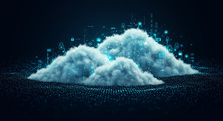 Digital clouds hover over a textured surface, connected by glowing data streams and icons.