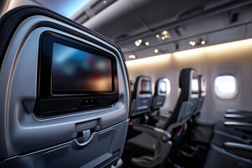 Empty airplane economy class cabin interior featuring seatback entertainment screens and comfortable seating during flight