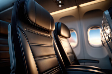 Empty leather seats in an airplane economy class cabin with warm natural light coming through the windows during flight