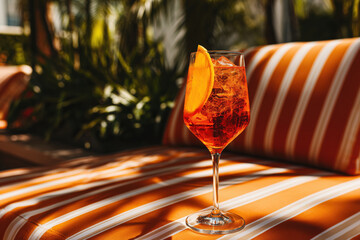 Refreshing glass of Aperol Spritz with orange slice and ice served on a striped sunbed by the poolside at a luxury tropical hotel