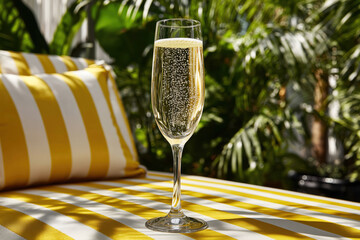 Glass of sparkling wine on a striped sunbed by the poolside at a luxury hotel, creating a relaxing summer vacation vibe
