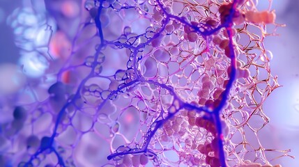 Microscopic view of connective tissue showing cells embedded in an extracellular matrix with fibers (collagen, elastic), highlighting its role in support, structure, and connection of body tissues