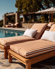 Wooden sunbeds with orange and white striped cushions by a luxury hotel pool, perfect for travel, summer vacation, and lifestyle branding visuals