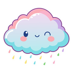 A charming and colorful cartoon illustration of a winking cloud with rosy cheeks, raining pastel rainbow raindrops.
