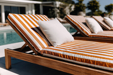 Elegant wooden sun loungers with orange and white striped cushions positioned beside a clear blue hotel pool