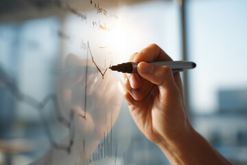 Hand writing financial data and graphs on a transparent board in an office environment, illustrating business analysis, strategy planning, and data visualization