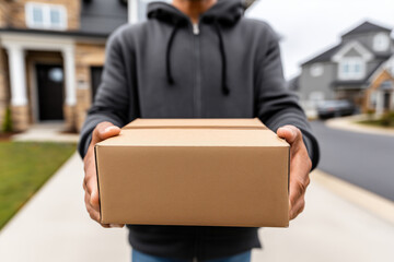 Courier holding a cardboard parcel in a suburban neighborhood, representing delivery service, shipping, and e-commerce logistics