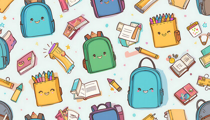 Playful School Supplies Pattern: Backpacks Books and Pencil Cases with Cute Cartoon Faces.