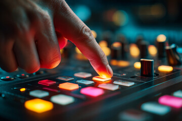 Hand pressing a button on a digital audio mixer in a recording studio during a sound editing session