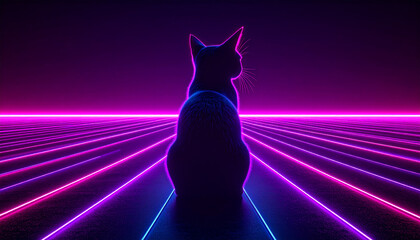 Neon-lit black cat sits in a retro-futuristic grid landscape glowing in vibrant pink and purple tones.