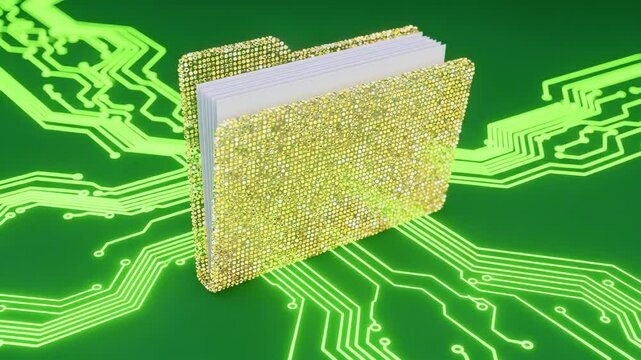Shimmering golden folder on a vibrant green circuit board background, symbolizing digital organization
