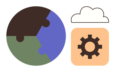Circular earth puzzle piece, orange gear icon, white cloud design. Ideal for teamwork, technology, environment, global connection, sustainability automation creativity. Simple flat metaphor