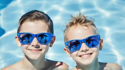 Two smiling boys wearing sunglasses in a swimming pool outdoors