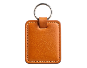 “Angled Side View of Orange Leather Keychain with Metallic Ring on Dark Felt, Isolated PNG