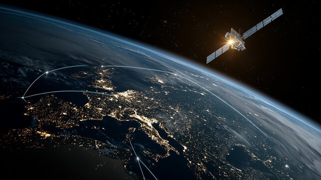 Satellite Orbiting Earth: A high-angle perspective of a sleek satellite in orbit against the backdrop of Earth, its illuminated cities twinkling. - Powered by Adobe