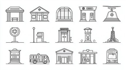 This image contains a set of simple outline icons representing different types of buildings and structures including houses garages post offices churches lighthouses