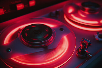 Record player spins vinyl in vibrant red lighting at a music studio session for a modern sound experience