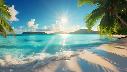 Obraz premium Tropical Paradise Beach with Crystal-Clear Water and Vibrant Greenery