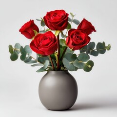 Fototapeta premium Roses and eucalyptus in a vase on a plain background isolated on white background.