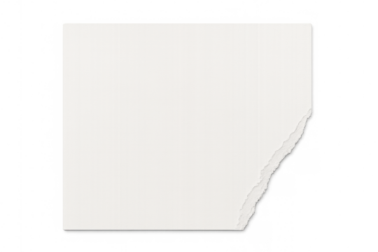Close-up of a blank white ripped piece of paper with a transparent background, creating a simple yet versatile design element