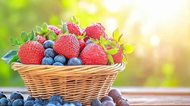 Fresh berries fill a wicker basket outdoors under bright sunlight