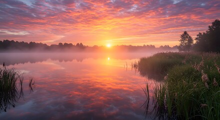 Sunrise over a tranquil lake reflecting pink and orange hues with misty trees in the background scene