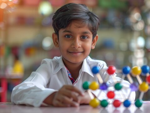 Curious young boy exploring molecular model science learning in classroom colorful setting