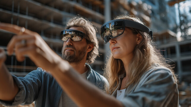 Architects with HoloLens: A man and woman architect collaborate on a construction site, utilizing augmented reality glasses for enhanced visualization and precision in building design.