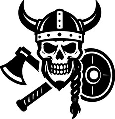 Viking Skull Warrior with Horned Helmet, Axe, and Shield Logo