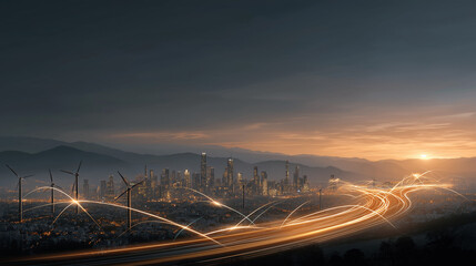 Fototapeta premium Sunrise Cityscape: A futuristic city at sunrise, with wind turbines and light trails on roads. The cityscape is nestled in a valley with mountains.