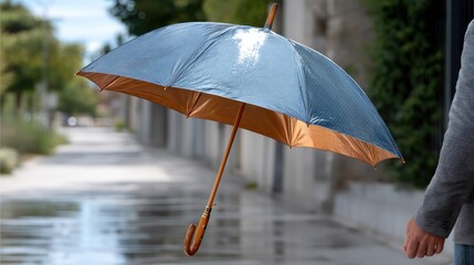 Open umbrella, dark blue & gold,  on wet street