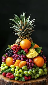 A stacked assortment of various fruits, including pineapple, oranges, grapes, and raspberries